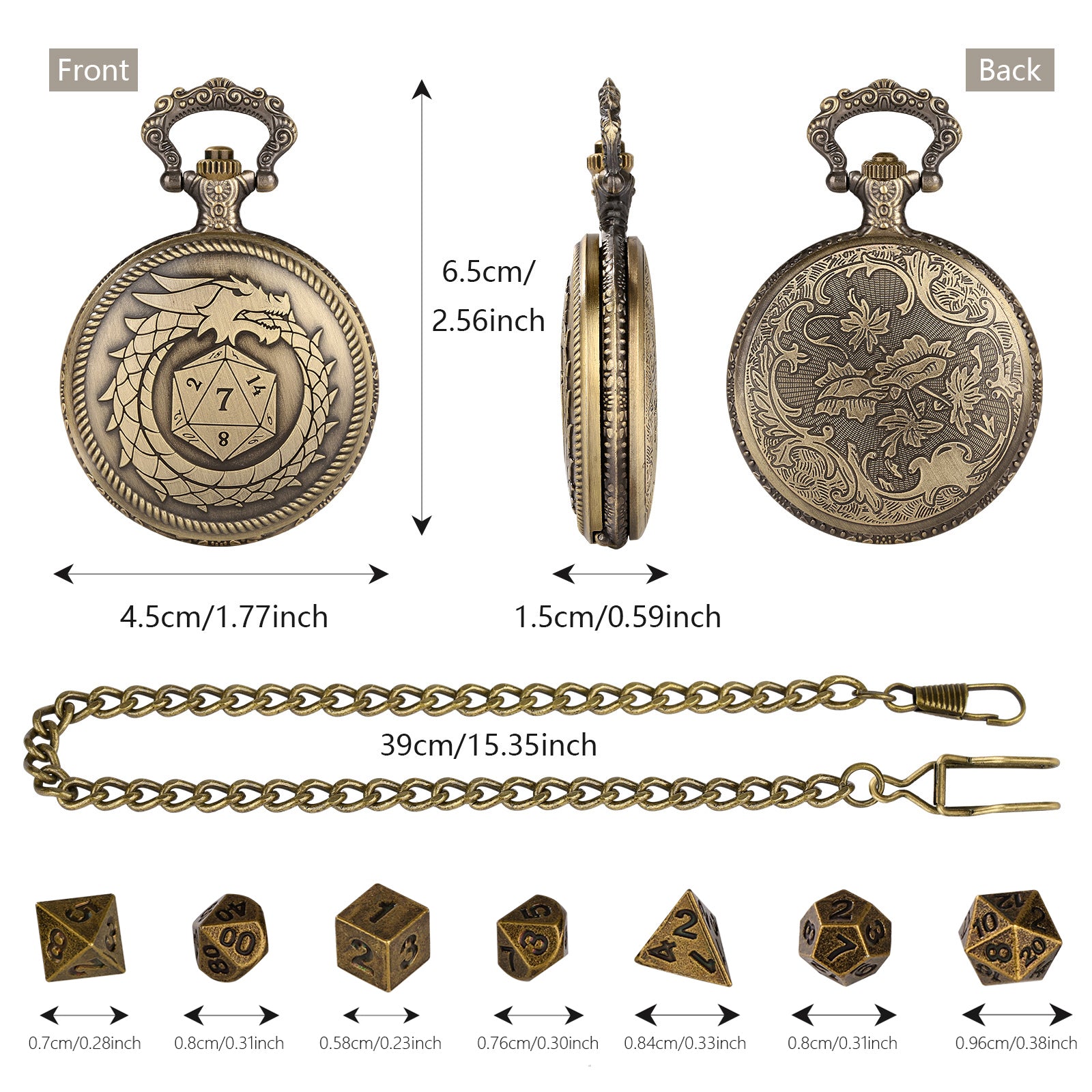 Infinity Dragon D20 - Würfel Taschenuhr | inkl. 7 teiliges Mini Metallwürfelset