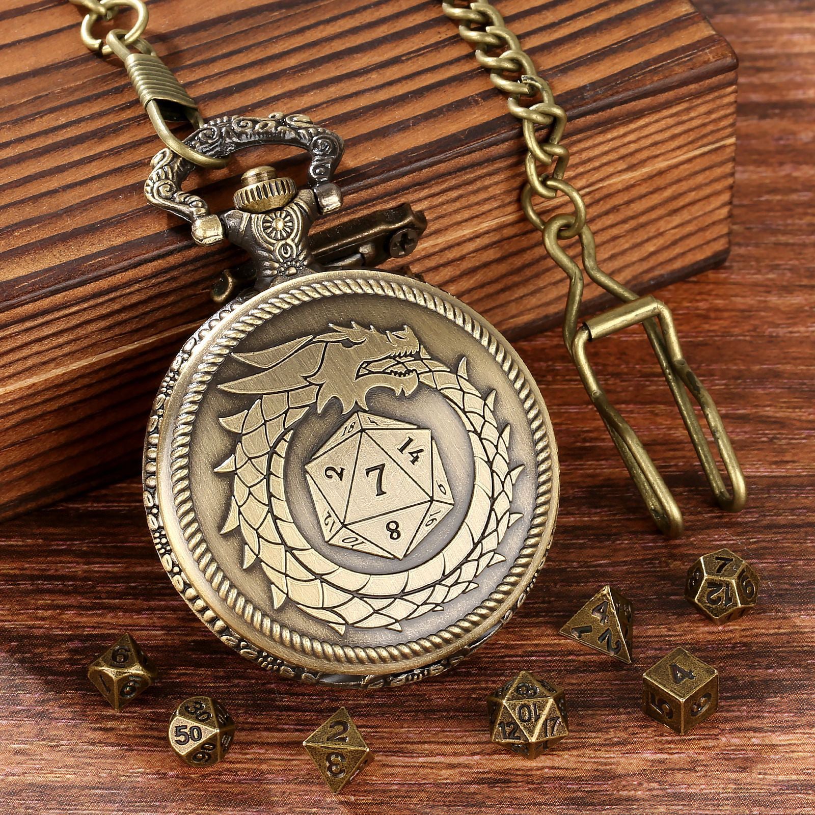 Infinity Dragon D20 - Würfel Taschenuhr | inkl. 7 teiliges Mini Metallwürfelset
