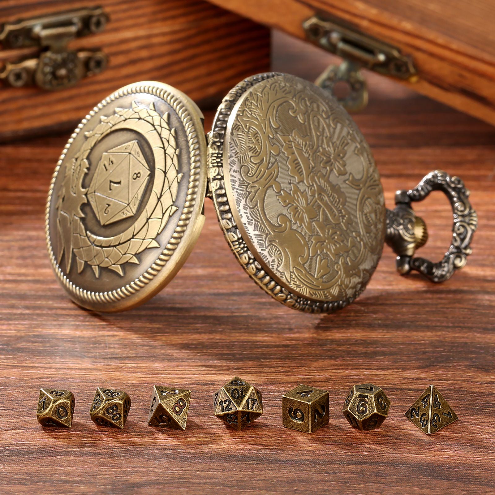 Infinity Dragon D20 - Würfel Taschenuhr | inkl. 7 teiliges Mini Metallwürfelset