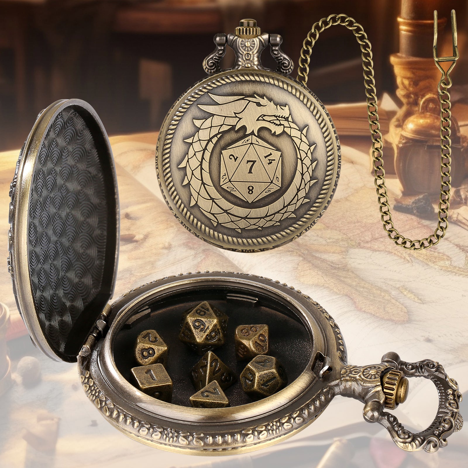 Infinity Dragon D20 - Würfel Taschenuhr | inkl. 7 teiliges Mini Metallwürfelset