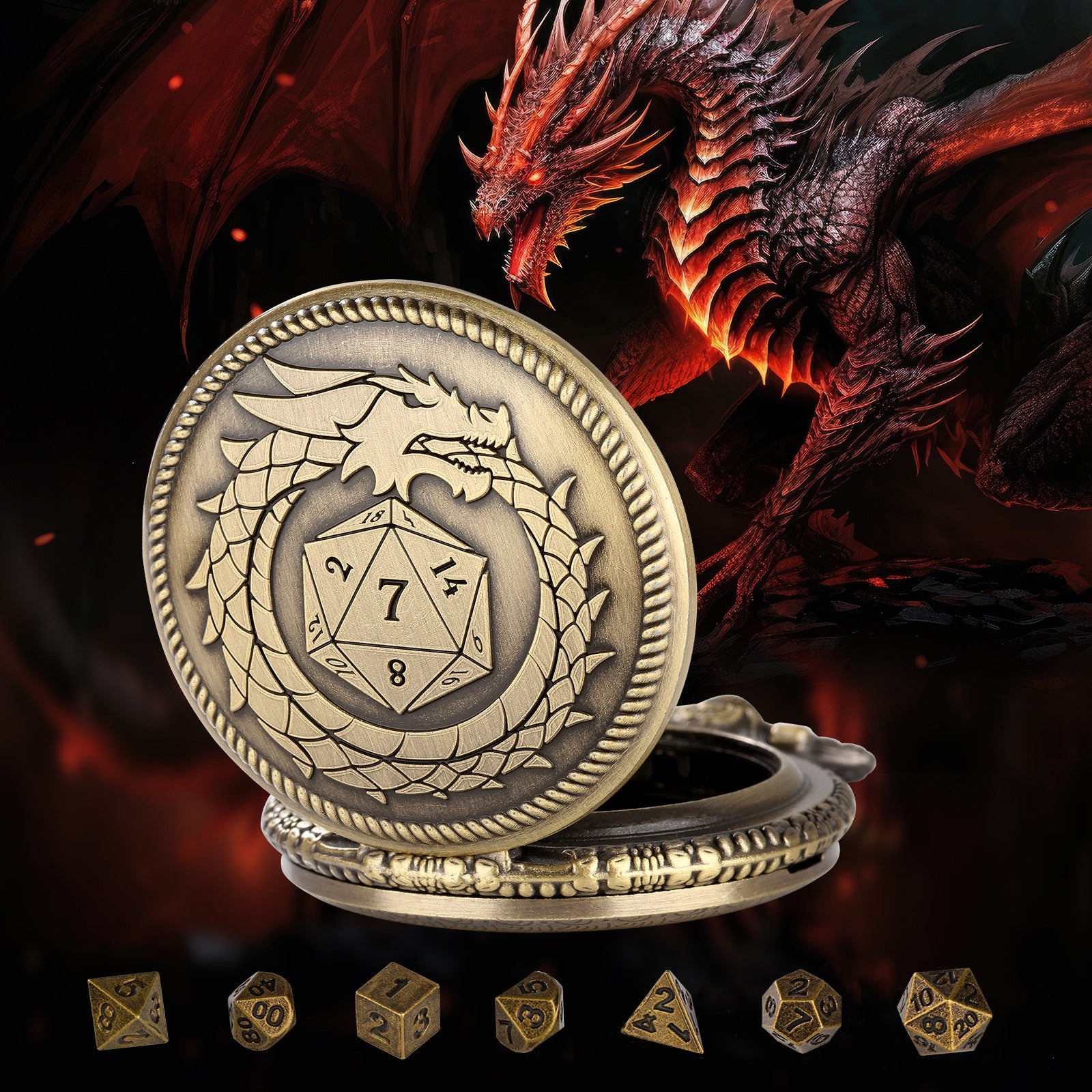 Infinity Dragon D20 - Würfel Taschenuhr | inkl. 7 teiliges Mini Metallwürfelset