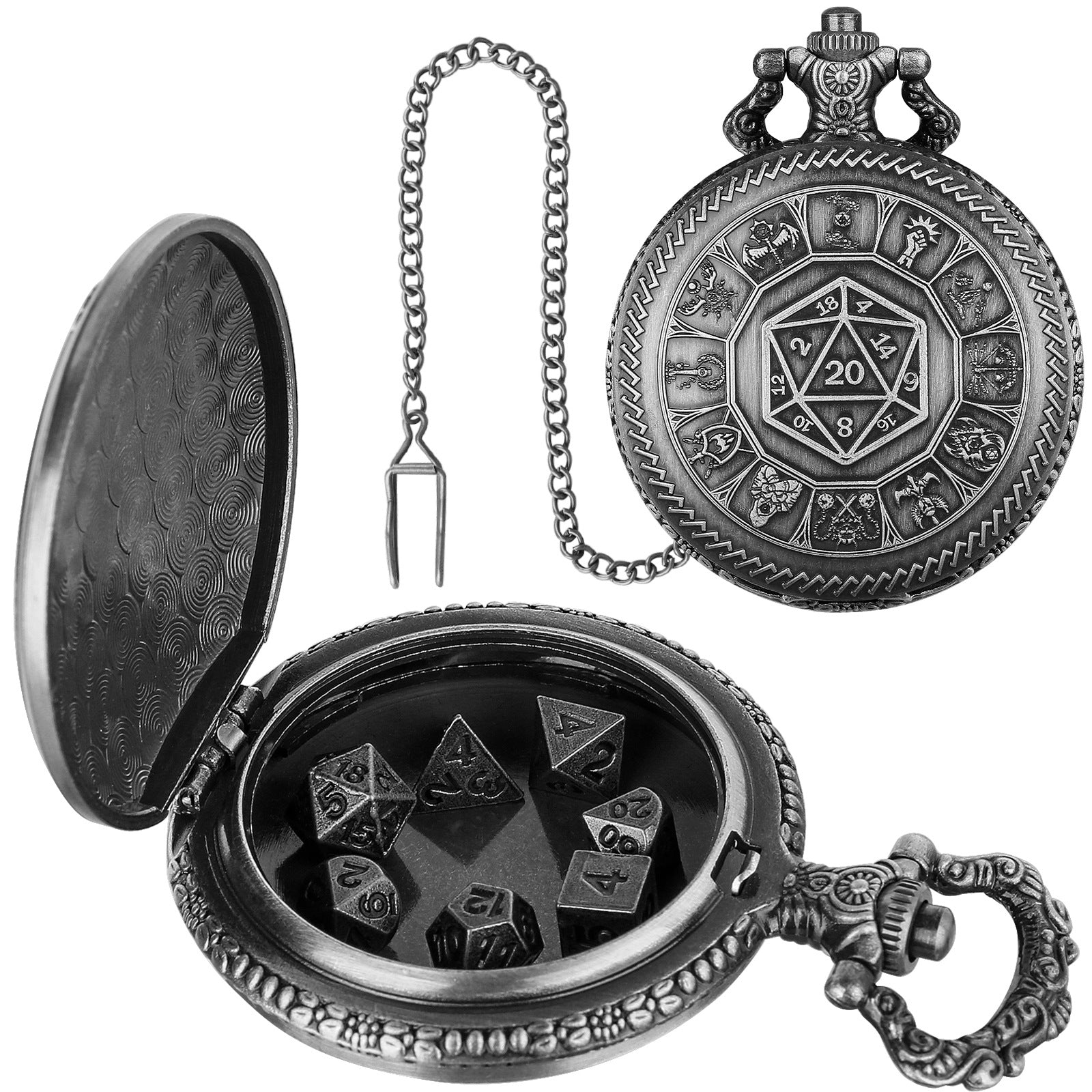 Nat20 Würfel Taschenuhr mit Klassenrunen | inkl. 7 teiliges Mini Metallwürfelset