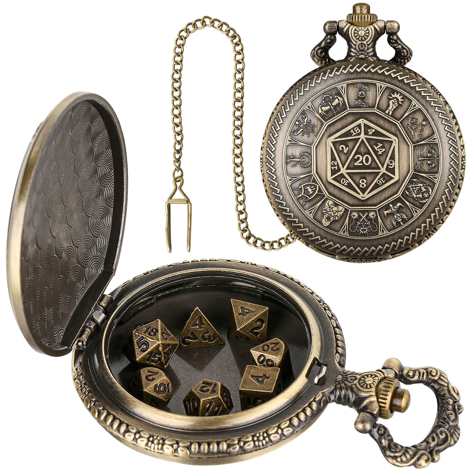 Nat20 Würfel Taschenuhr mit Klassenrunen | inkl. 7 teiliges Mini Metallwürfelset