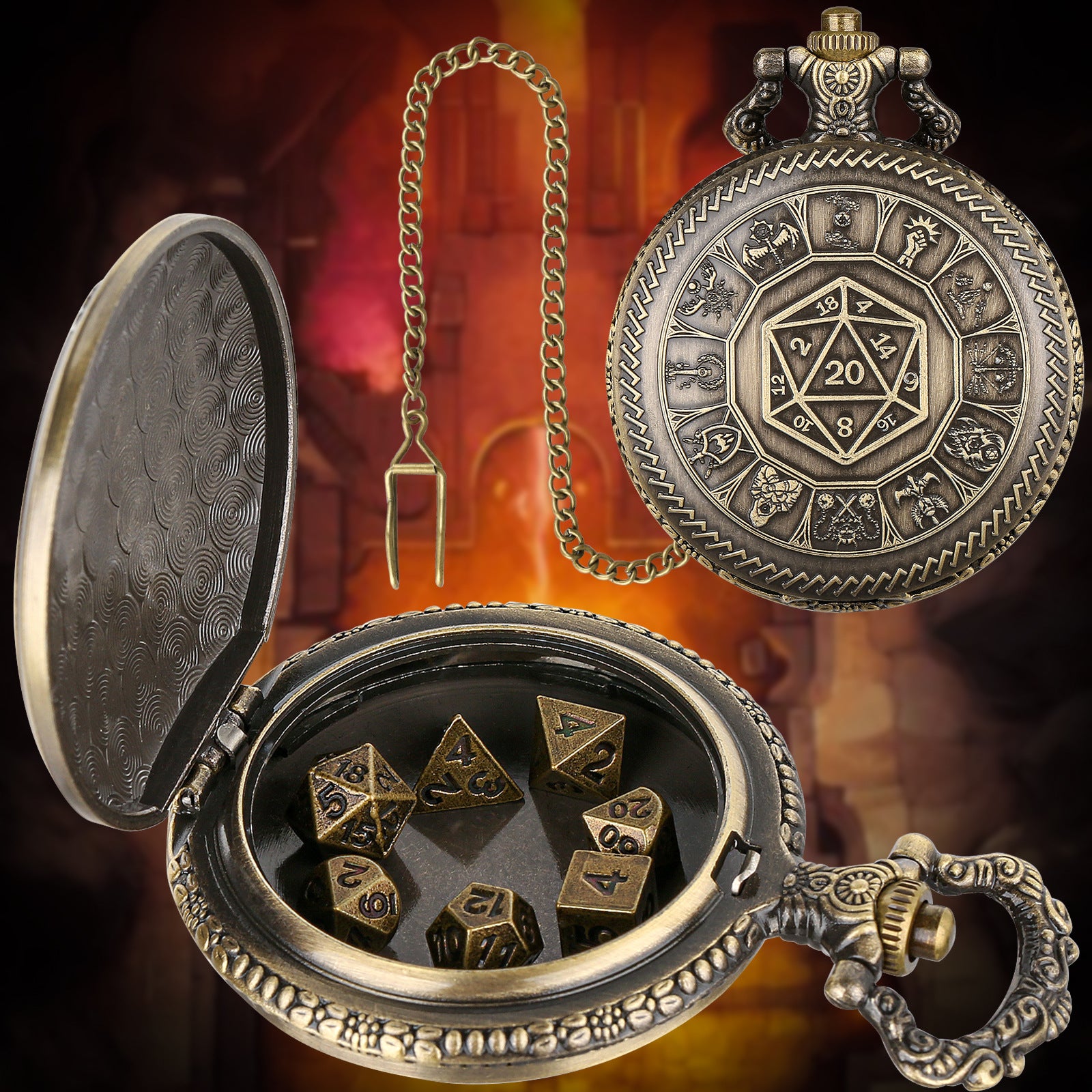 Nat20 Würfel Taschenuhr mit Klassenrunen | inkl. 7 teiliges Mini Metallwürfelset
