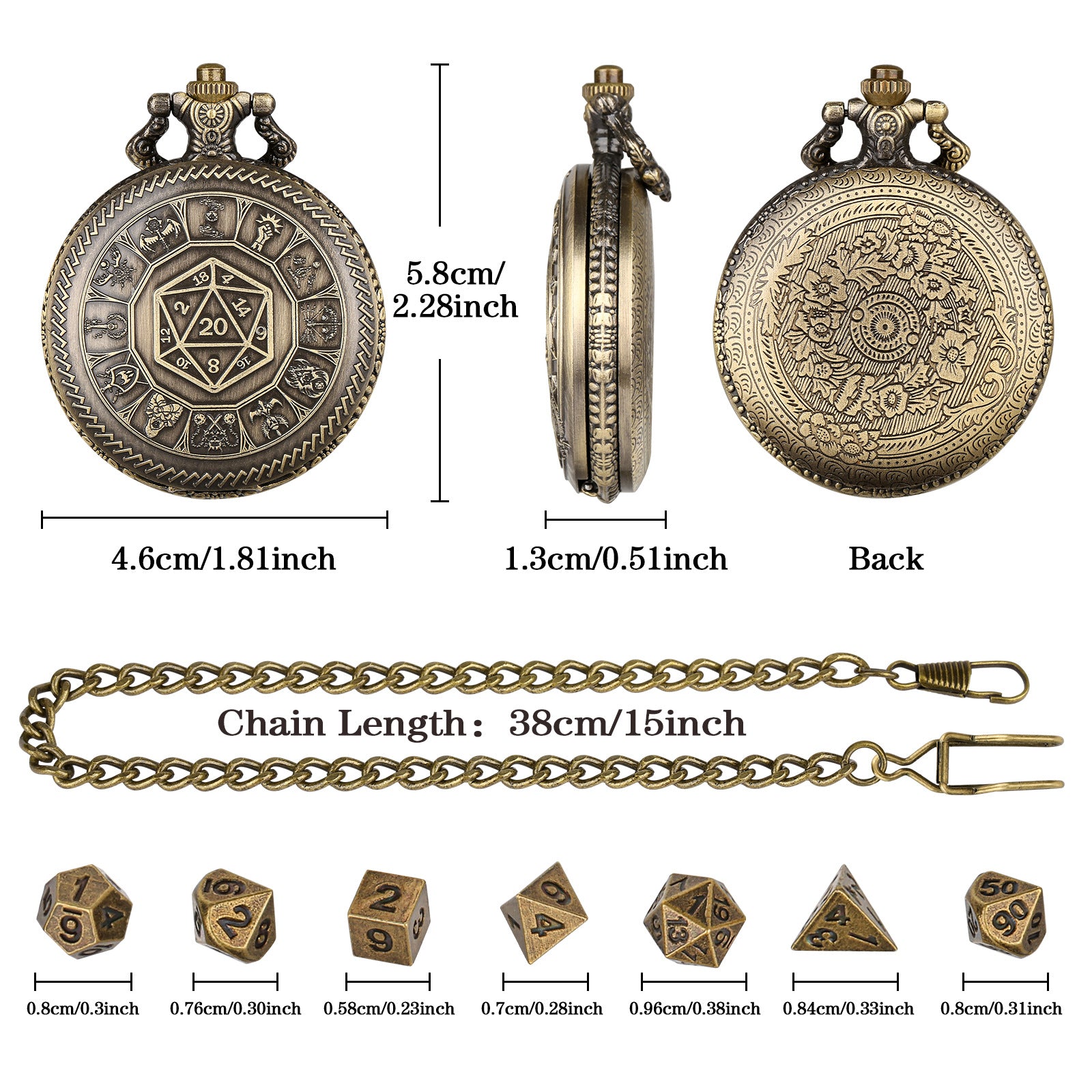 Nat20 Würfel Taschenuhr mit Klassenrunen | inkl. 7 teiliges Mini Metallwürfelset