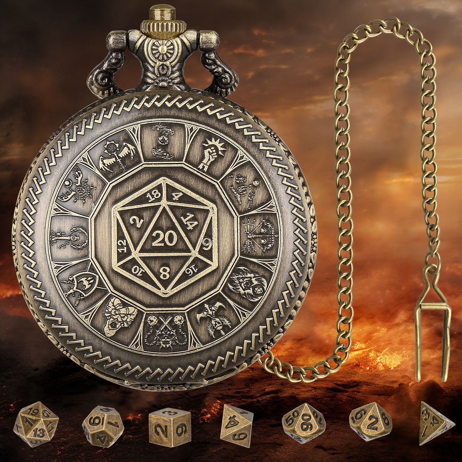 Nat20 Würfel Taschenuhr mit Klassenrunen | inkl. 7 teiliges Mini Metallwürfelset