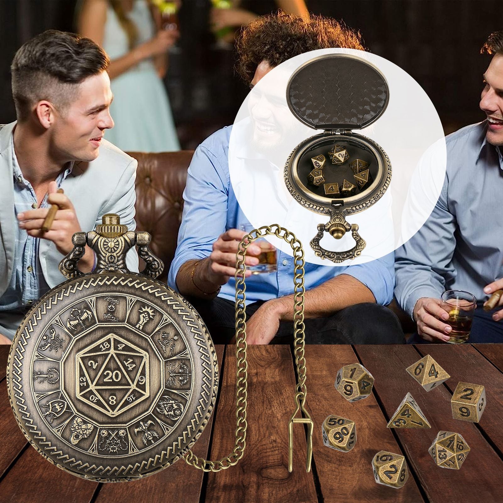 Nat20 Würfel Taschenuhr mit Klassenrunen | inkl. 7 teiliges Mini Metallwürfelset