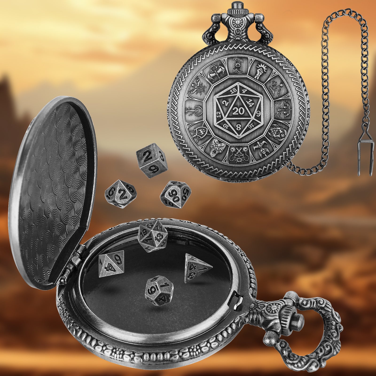 Nat20 Würfel Taschenuhr mit Klassenrunen | inkl. 7 teiliges Mini Metallwürfelset