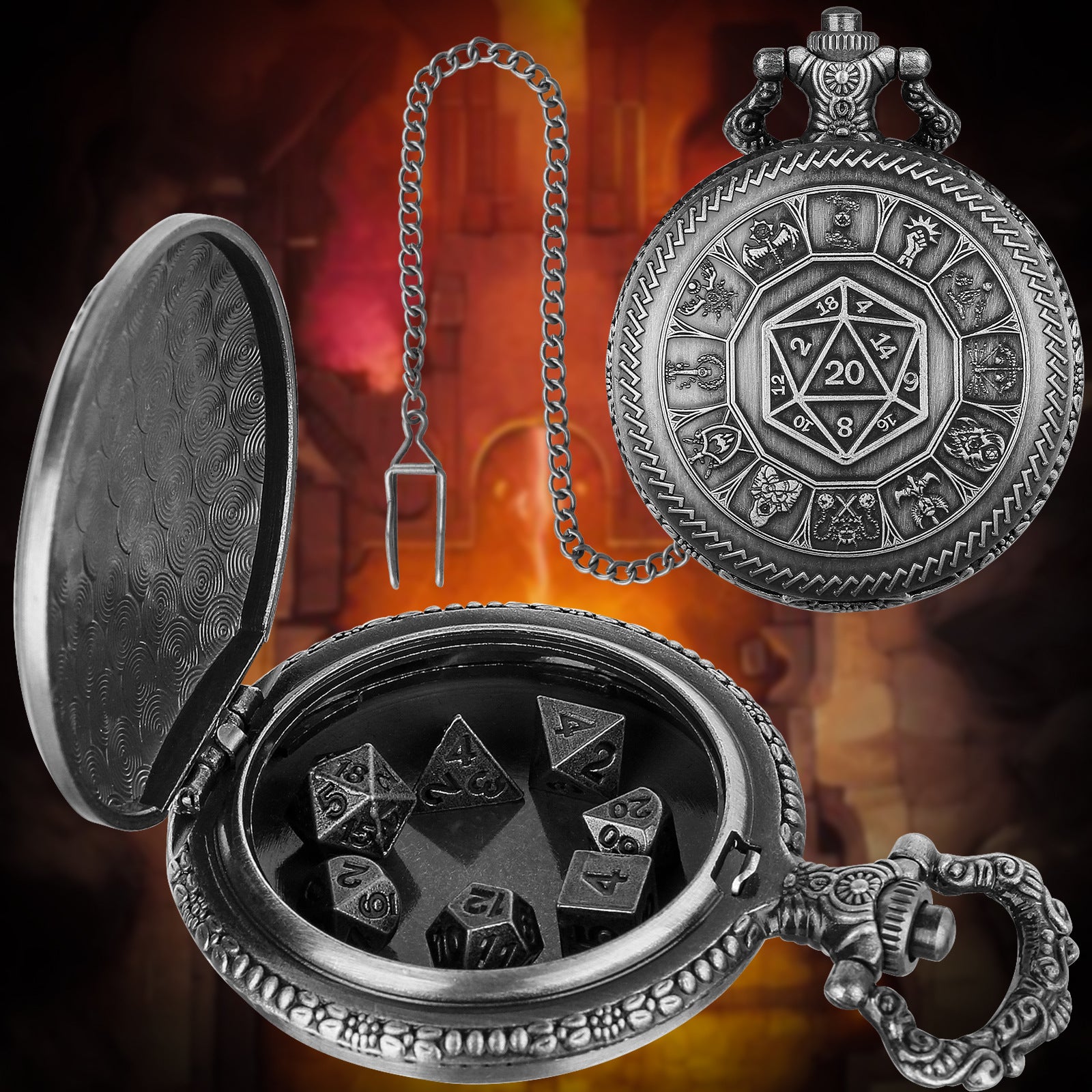 Nat20 Würfel Taschenuhr mit Klassenrunen | inkl. 7 teiliges Mini Metallwürfelset