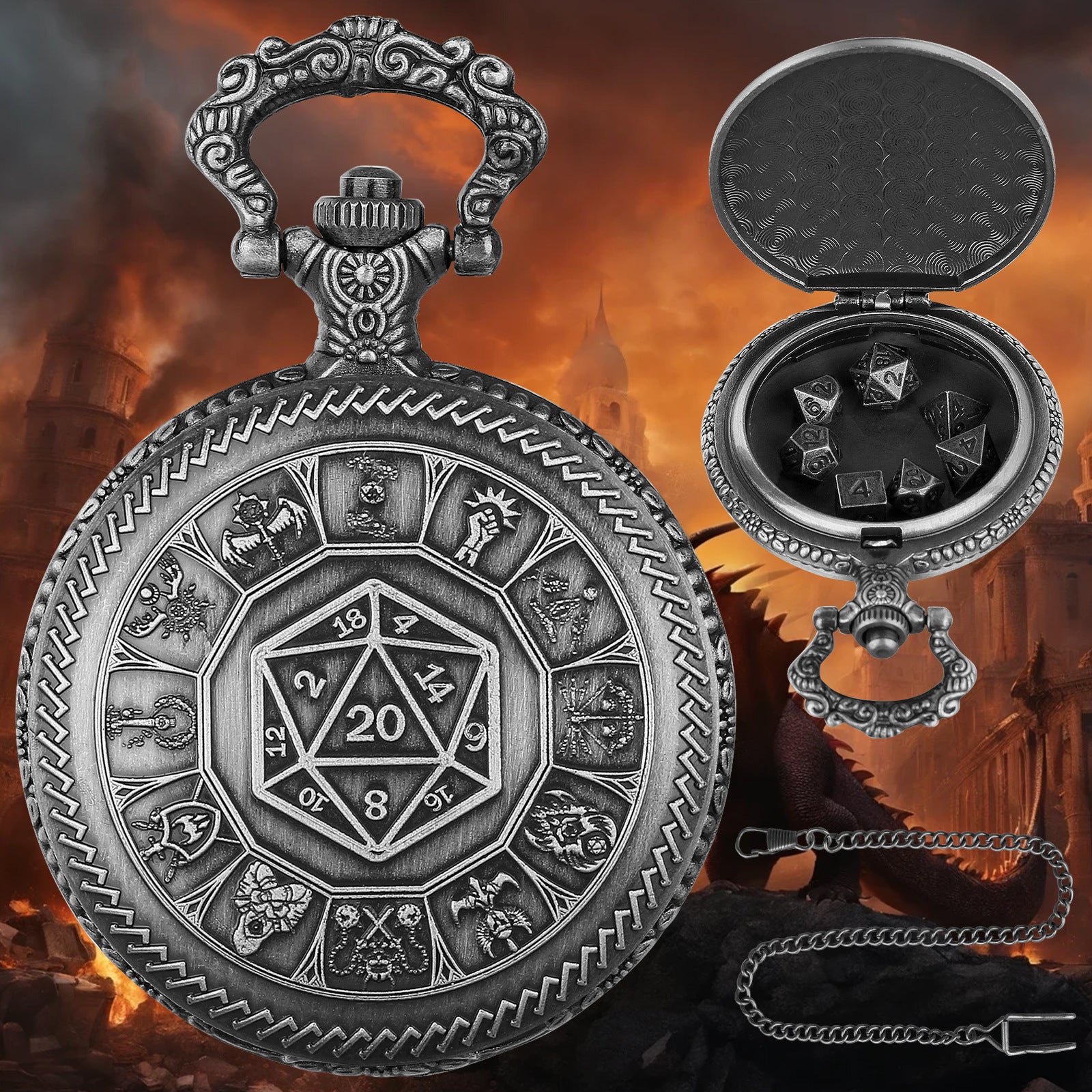 Nat20 Würfel Taschenuhr mit Klassenrunen | inkl. 7 teiliges Mini Metallwürfelset