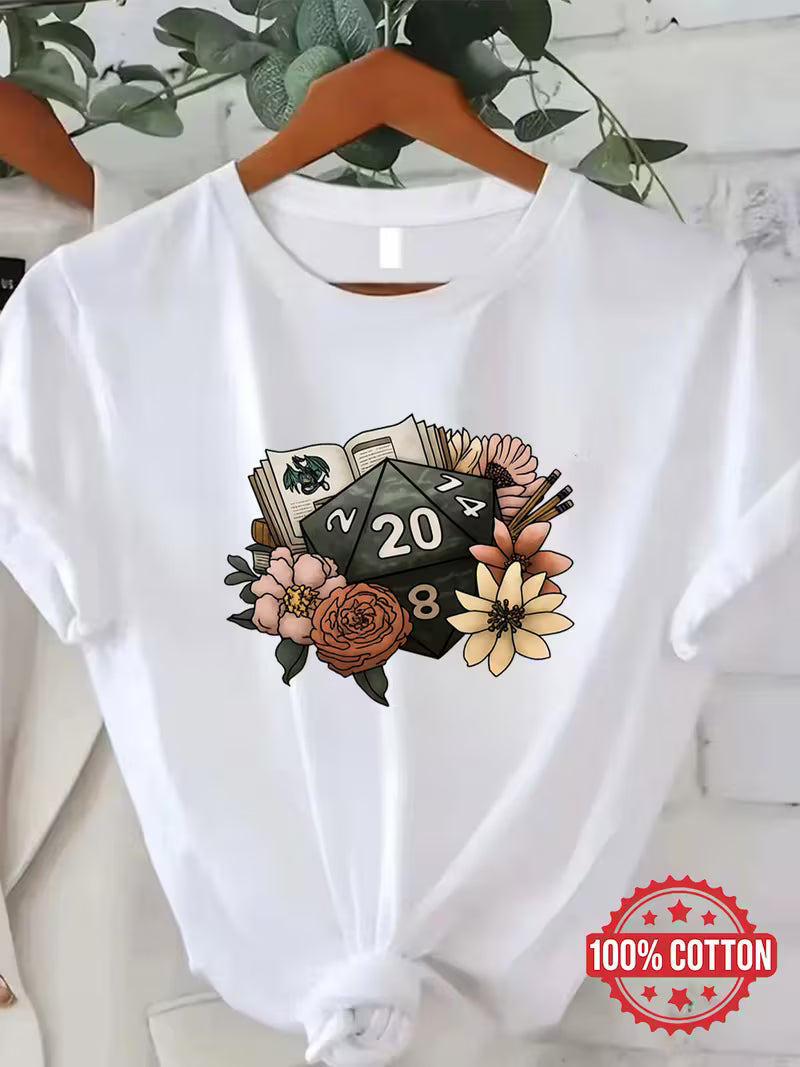 D20 Flower & Books | D&D Fan T-Shirt