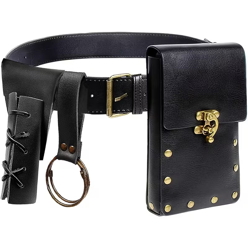 Schurkenset mit Gürtel - Lederbeutel und Holster | Schwarz