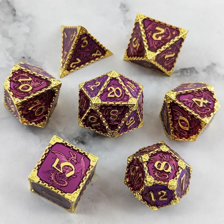 Drachen Totem Würfelset Gold Violett | 7-teiliges Würfelset
