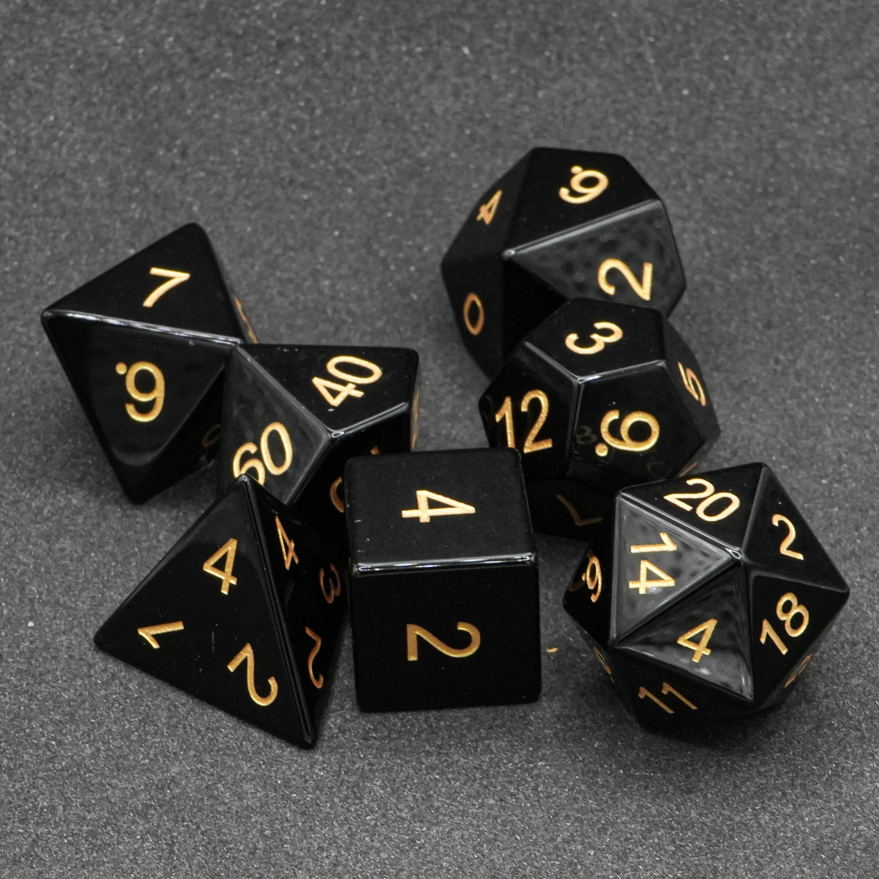 Obsidian Gemdice Set - Edelsteinwürfel | 7-teiliges Premium Würfelset mit Würfelbeutel