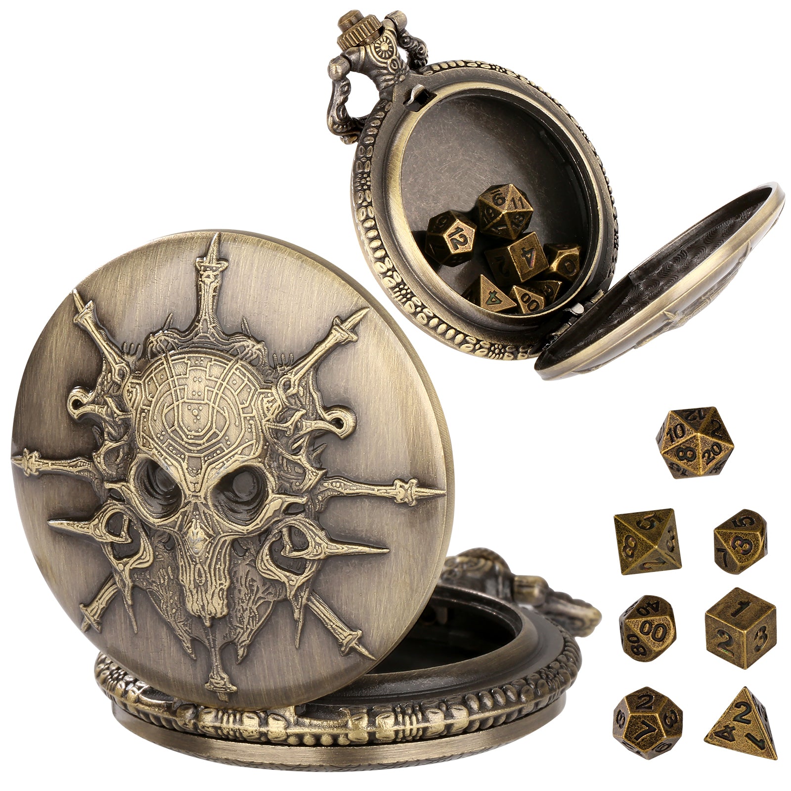 Skull - Würfel Taschenuhr | inkl. 7 teiliges Mini Metallwürfelset