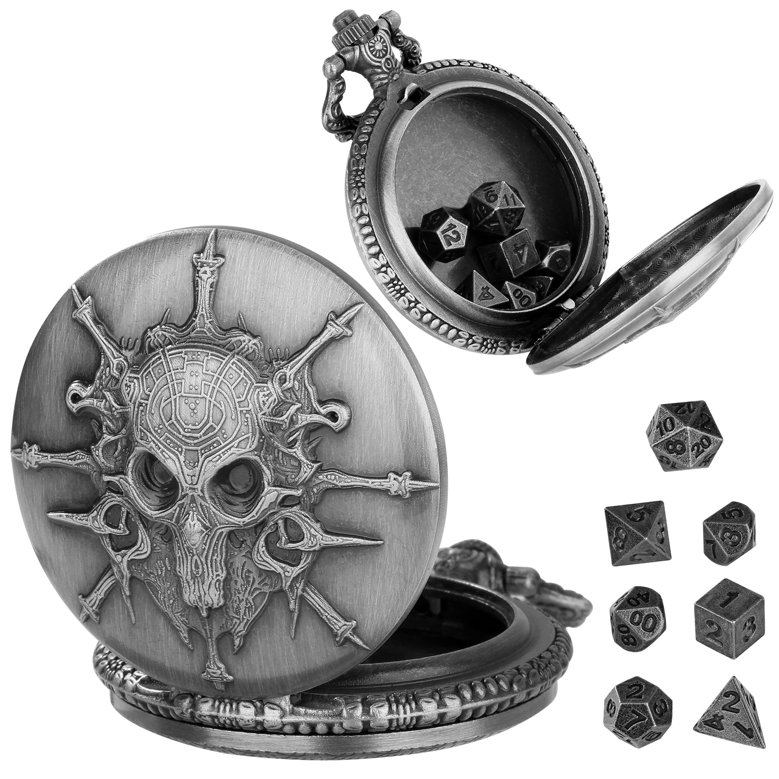 Skull - Würfel Taschenuhr | inkl. 7 teiliges Mini Metallwürfelset