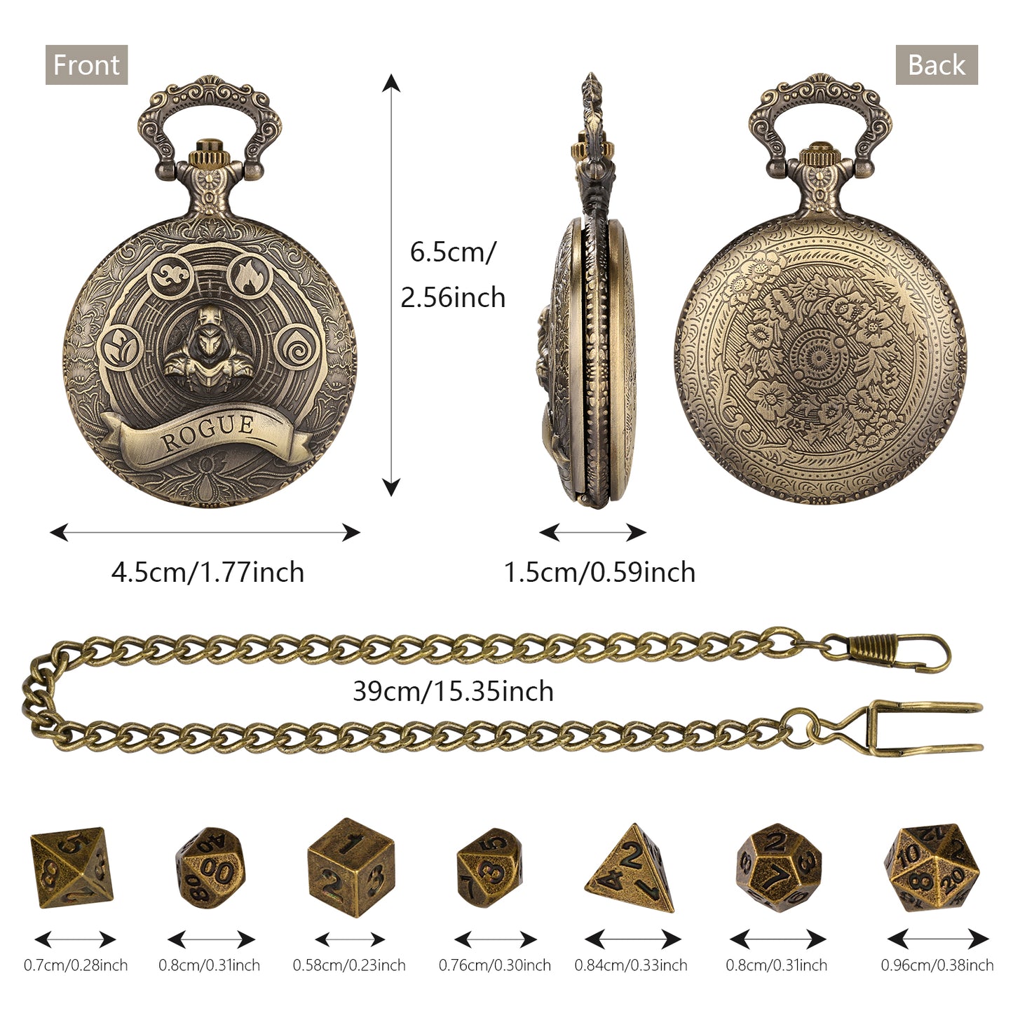 Rogue - Würfel Taschenuhr | inkl. 7 teiliges Mini Metallwürfelset