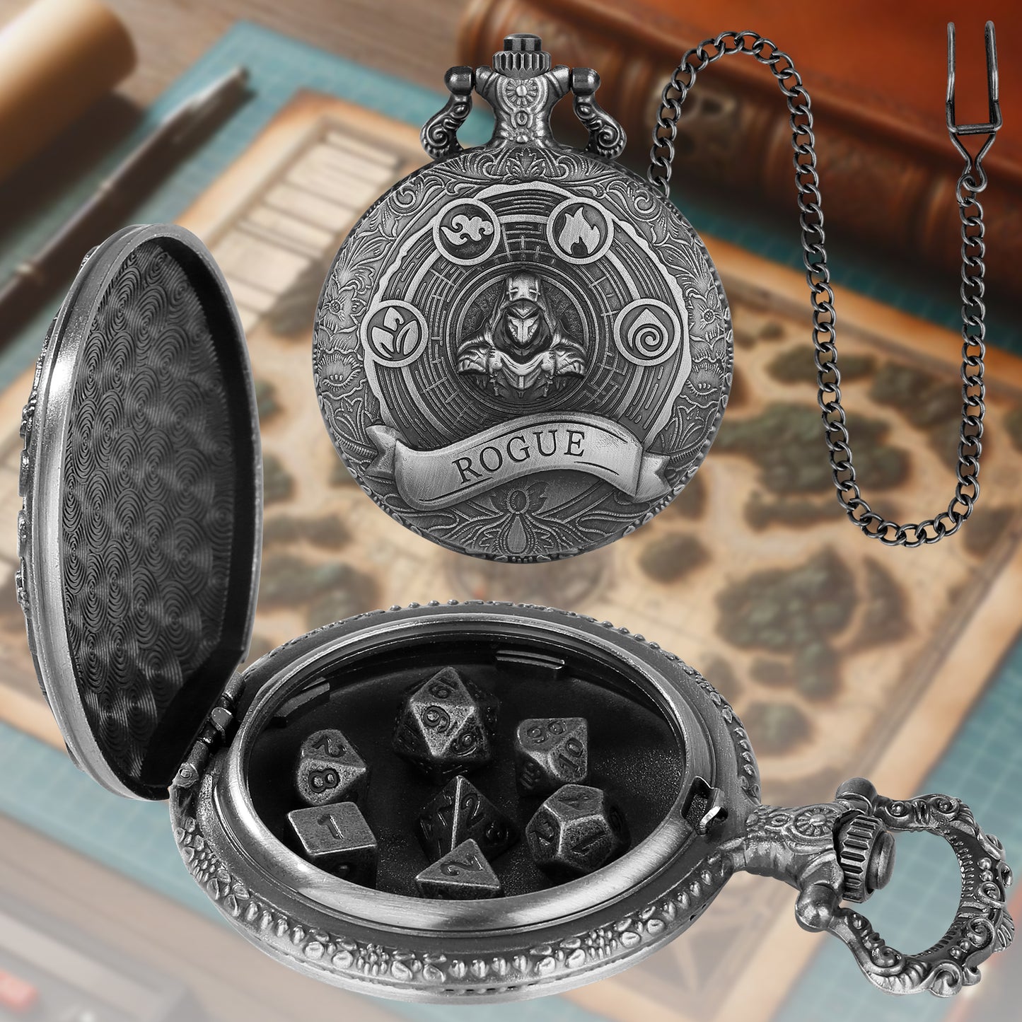 Rogue - Würfel Taschenuhr | inkl. 7 teiliges Mini Metallwürfelset