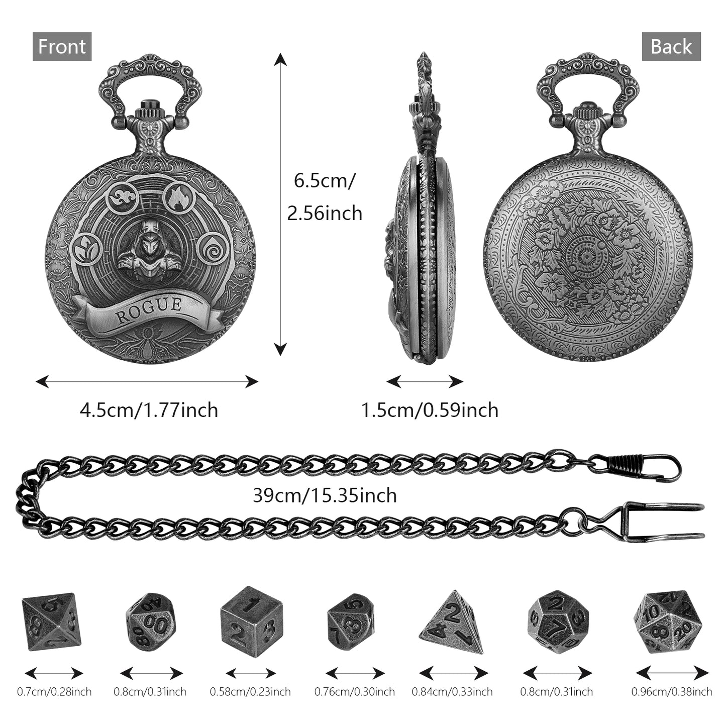 Rogue - Würfel Taschenuhr | inkl. 7 teiliges Mini Metallwürfelset