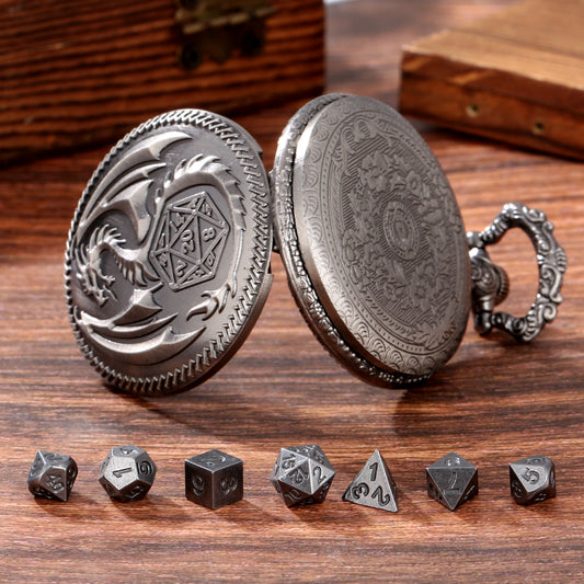 Nat20 Dragon - Würfel Taschenuhr | inkl. 7 teiliges Mini Metallwürfelset
