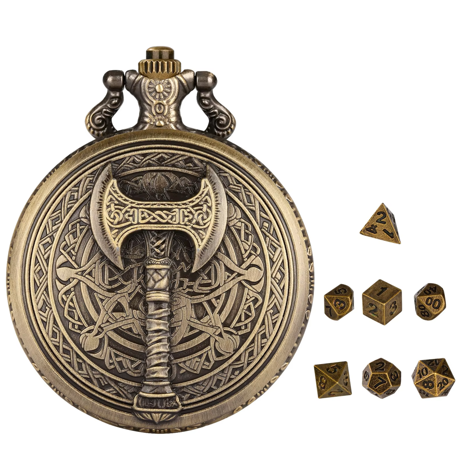 Bronzeaxt - Würfel Taschenuhr | inkl. 7 teiliges Mini Metallwürfelset