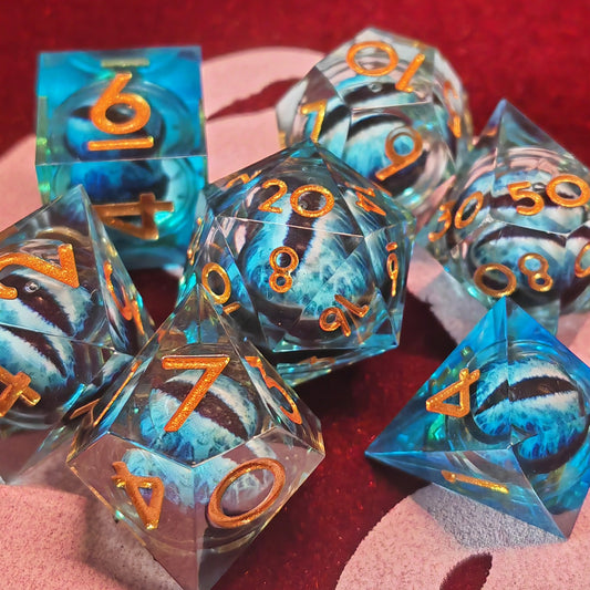 Drachenaugen Würfel mit flüssigem Kern | Blau | Set 7-Teilig