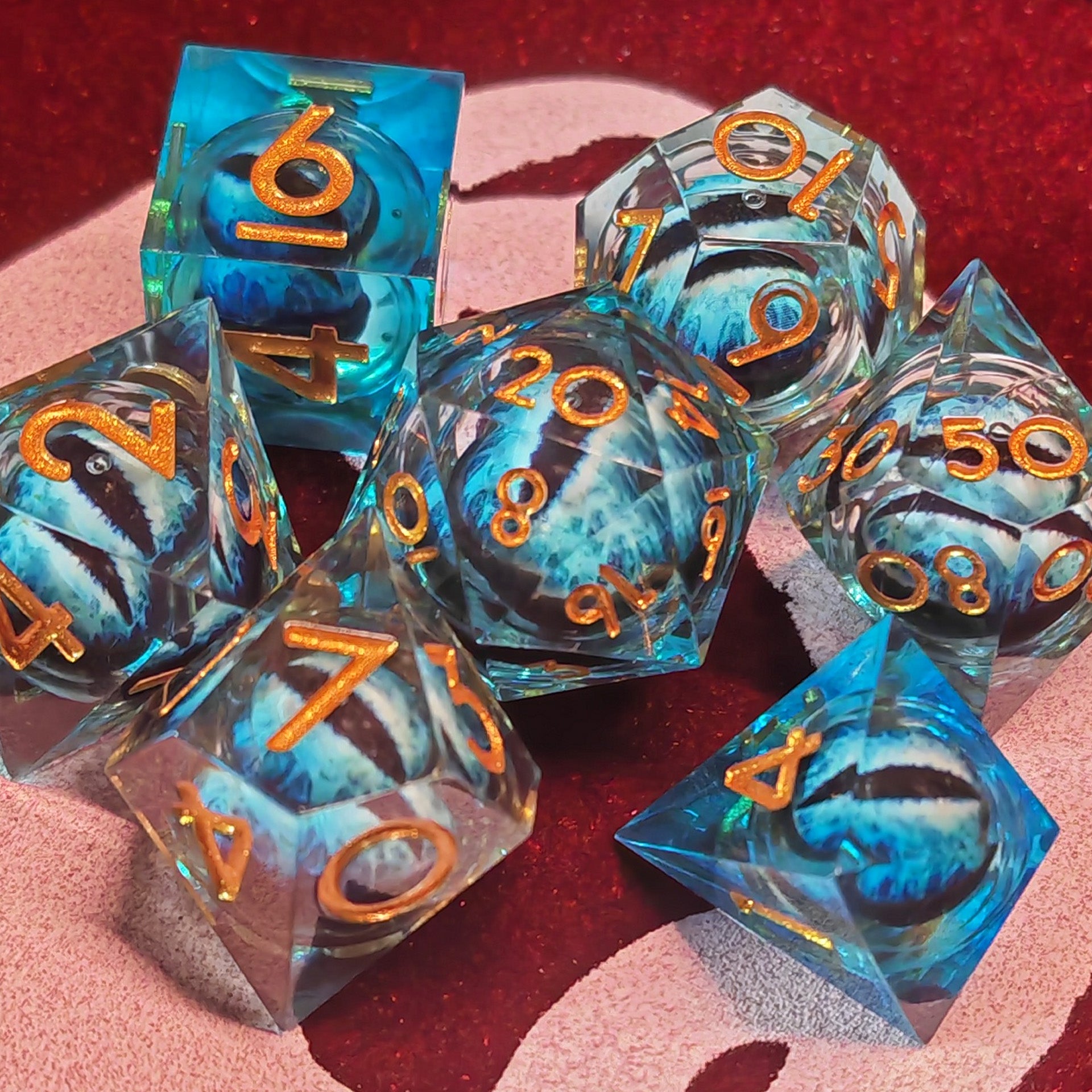 Drachenaugen Würfel mit flüssigem Kern | Blau | Set 7-Teilig